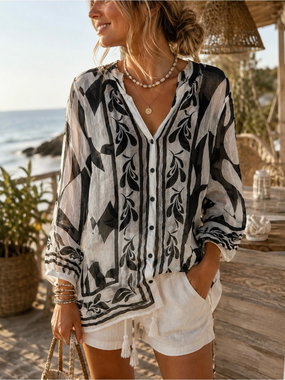 Figueroa & Flower Large Black White Sheer Boho Button Front Blouse Coastal